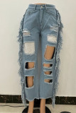Street Solid Tassel Ripped Hollowed Out Patchwork High Waist Loose Denim Jeans
