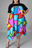 Casual Print Patchwork Asymmetrical O Neck Straight Plus Size Dresses