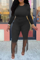 Casual Solid Tassel O Neck Long Sleeve Two Pieces