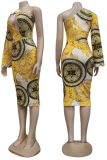 Sexy Print Hollowed Out One Shoulder Pencil Skirt Dresses