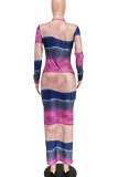 Casual Striped Print Patchwork Zipper Collar One Step Skirt Dresses