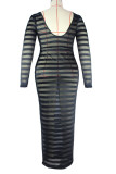 Sexy Striped Print Patchwork See-through O Neck Straight Plus Size Dresses