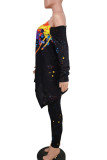 Casual Print Patchwork Asymmetrical O Neck Nine Points Sleeve Two Pieces