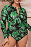 Casual Print Patchwork Zipper Zipper Collar Plus Size Swimwear