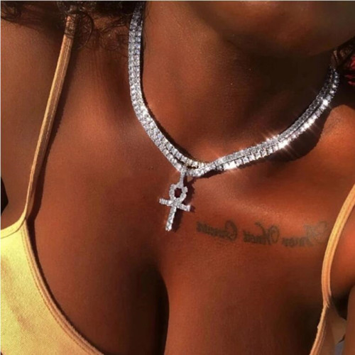 Fashion Rhinestone Cross Pendant Double Necklaces