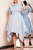 Casual Striped Print Split Joint Asymmetrical Turndown Collar Irregular Dress Dresses