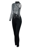 Sexy Solid Patchwork See-through Asymmetrical Hot Drill Half A Turtleneck Skinny Jumpsuits