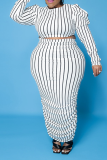 Casual Striped Patchwork O Neck Pencil Skirt Plus Size Two Pieces
