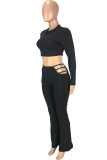 Fashion Casual Solid Hollowed Out O Neck Long Sleeve Two Pieces