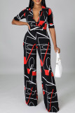 Casual Geometric Print Patchwork V Neck Straight Jumpsuits