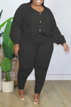 Fashion Casual Solid Patchwork V Neck Plus Size Two Pieces