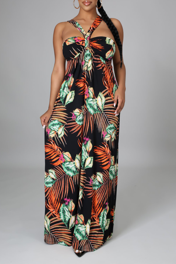 Sexy Print Patchwork Halter Straight Dresses