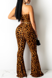 Sexy Leopard Patchwork Strapless Boot Cut Jumpsuits