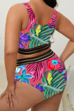 Fashion Sexy Print Patchwork Backless V Neck Plus Size Swimwear (With Paddings)