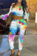 Fashion Casual Print Bandage Backless Scalloped Long Sleeve Two Pieces