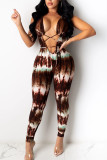 Sexy Print Tie Dye Hollowed Out Patchwork Frenulum V Neck Skinny Jumpsuits