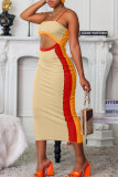 Casual Print Hollowed Out Patchwork Spaghetti Strap Pencil Skirt Dresses