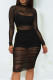 Sexy Solid Patchwork See-through Fold O Neck Long Sleeve Three Pieces