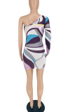 Elegant Print Hollowed Out Patchwork Asymmetrical Asymmetrical Collar Pencil Skirt Dresses