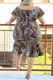 Fashion Plus Size Print Leopard Patchwork Without Belt O Neck Short Sleeve Dress