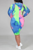 Casual Print Tie Dye Patchwork Hooded Collar Straight Plus Size Dresses