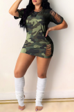Sexy Camouflage Print Ripped O Neck Pencil Skirt Dresses