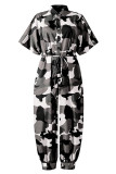 Casual Print Patchwork Buckle Turndown Collar Loose Jumpsuits