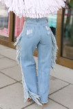 Street Solid Tassel Ripped Hollowed Out Patchwork High Waist Loose Denim Jeans