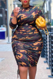 Casual Camouflage Print Patchwork Draw String Fold O Neck Pencil Skirt Plus Size Dresses