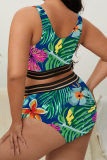 Fashion Sexy Print Patchwork Backless V Neck Plus Size Swimwear (With Paddings)