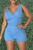 Sexy Solid Patchwork V Neck Skinny Rompers