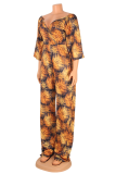 Sexy Print Patchwork V Neck Boot Cut Jumpsuits without belt