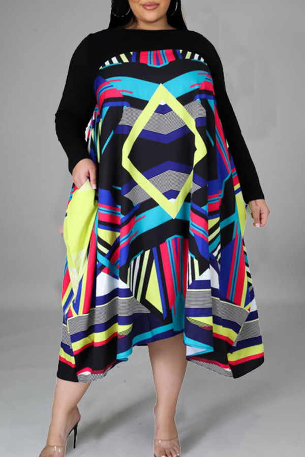 Casual Print Patchwork Asymmetrical O Neck Straight Plus Size Dresses