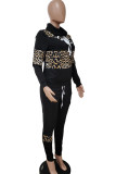 Casual Print Leopard Patchwork Turtleneck Long Sleeve Two Pieces