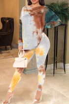 Casual Print Tie Dye Patchwork Backless Knotted O Neck Long Sleeve Two Pieces