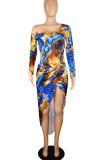 Sexy Print Patchwork Asymmetrical Off the Shoulder Long Sleeve Dresses