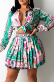 Sexy Print Patchwork Turndown Collar Long Sleeve Two Pieces