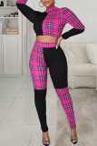 Street Plaid Print Patchwork O Neck Long Sleeve Two Pieces