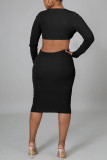 Sexy Solid Hollowed Out Patchwork V Neck Pencil Skirt Dresses