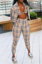 Fashion Casual Plaid Print Cardigan Vests Pants Turndown Collar Long Sleeve Three-piece Set