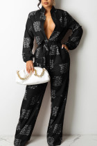 Fashion Casual Print Patchwork Buttons With Belt Turndown Collar Loose Jumpsuits