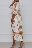 Elegant Print Tie Dye Patchwork Fold Asymmetrical V Neck Straight Dresses