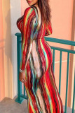 Fashion Street Striped Patchwork V Neck One Step Skirt Dresses