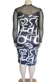 Sexy Print Patchwork See-through O Neck Pencil Skirt Plus Size Dresses