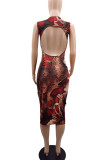 Sexy Print Ripped Patchwork Backless O Neck Pencil Skirt Dresses
