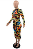 Fashion Sexy Print Hollowed Out O Neck Long Sleeve Dresses