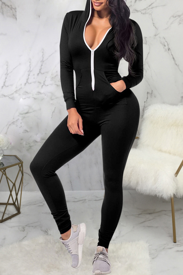 Casual Solid Patchwork Hooded Collar Skinny Jumpsuits