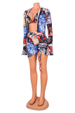 Sexy Print Patchwork Halter Long Sleeve Two Pieces