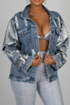 Sexy Solid Sequins Turndown Collar Long Sleeve Regular Denim Jacket