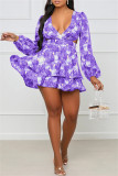 Fashion Casual Print Hollowed Out V Neck Long Sleeve Dresses
